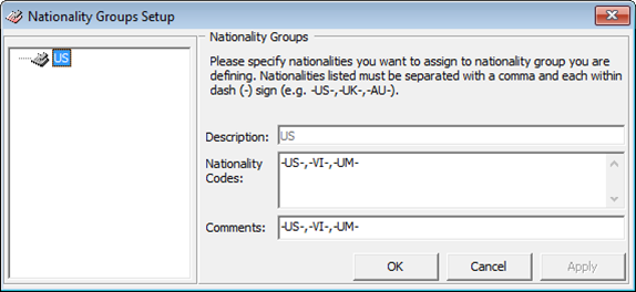This figure shows Nationality Groups Setup window This figure shows Nationality Groups Setup window