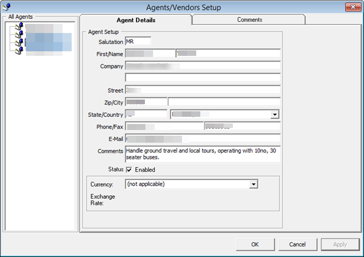 This figure shows the setup window for Agents/Vendors. This figure shows the setup window for Agents/Vendors.
