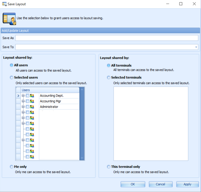 This figure shows the Save Layout window and the available options.