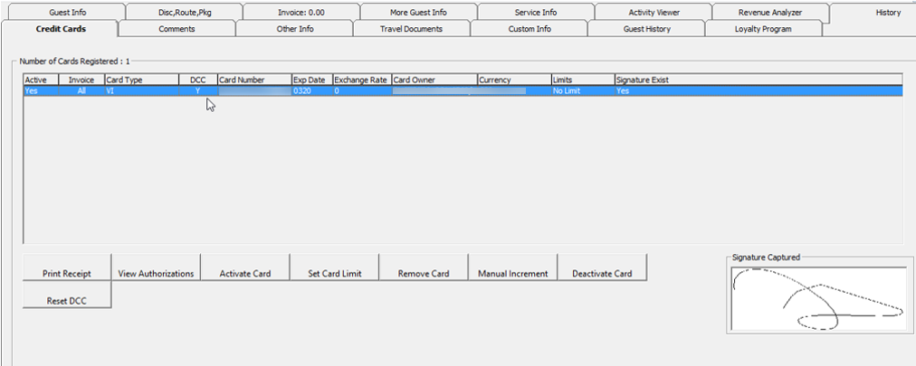 This figure shows the Guest Handling, Credit Card Tab