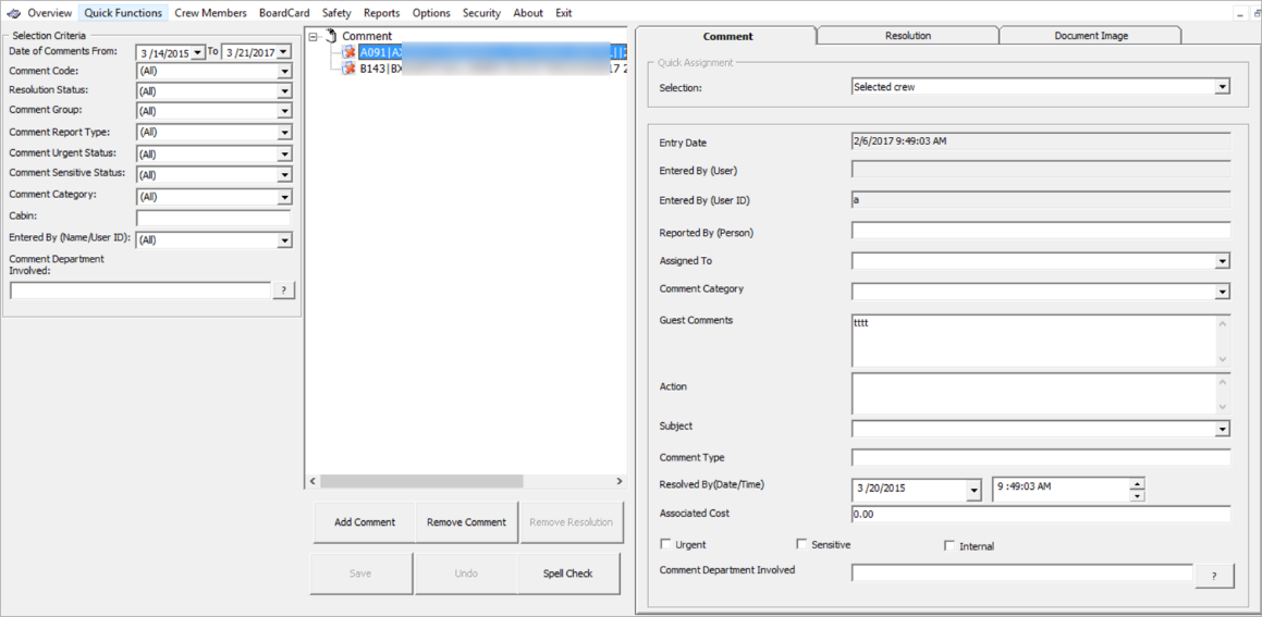 This figure shows the Comments Overview Window