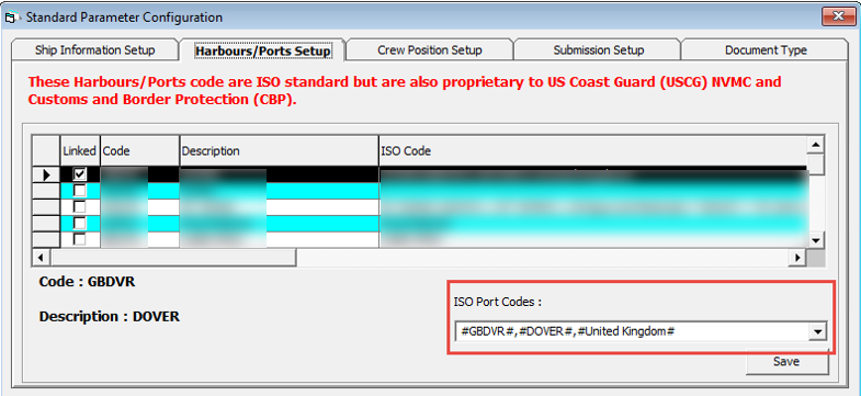 This figure shows the Harbour/Ports Setup window and the ISO Port Codes with corresponding symbols used.