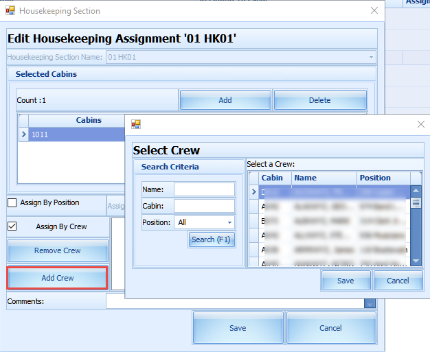 The figure shows the Select Crew form in front of the Assign by Crew window.