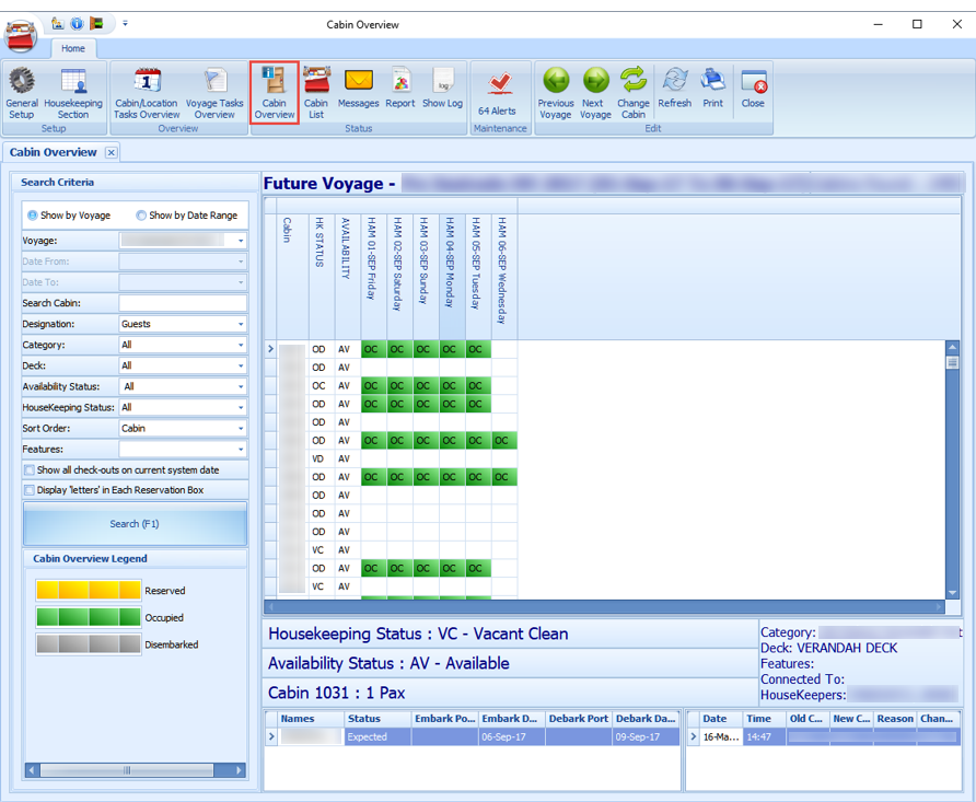 The figure shows the Cabin Overview Show by Voyage window.