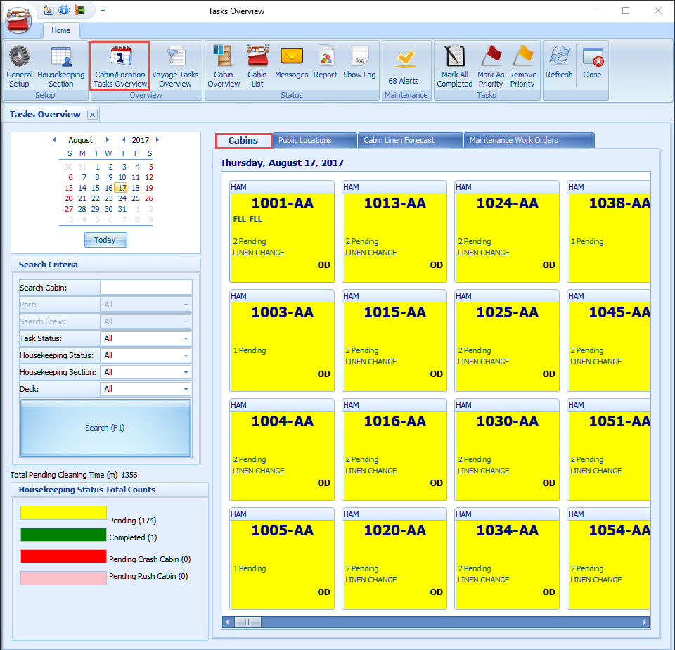 The figure shows the Cabin Tasks Overview window. The figure shows the Cabin Tasks Overview window.