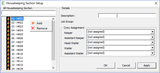 The figure shows the Housekeeping Section Setup window. The figure shows the Housekeeping Section Setup window.