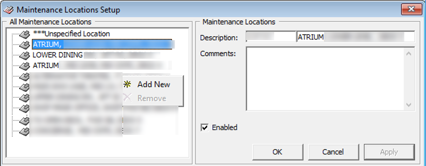 The figure shows the Maintenance Locations Setup window. The figure shows the Maintenance Locations Setup window.