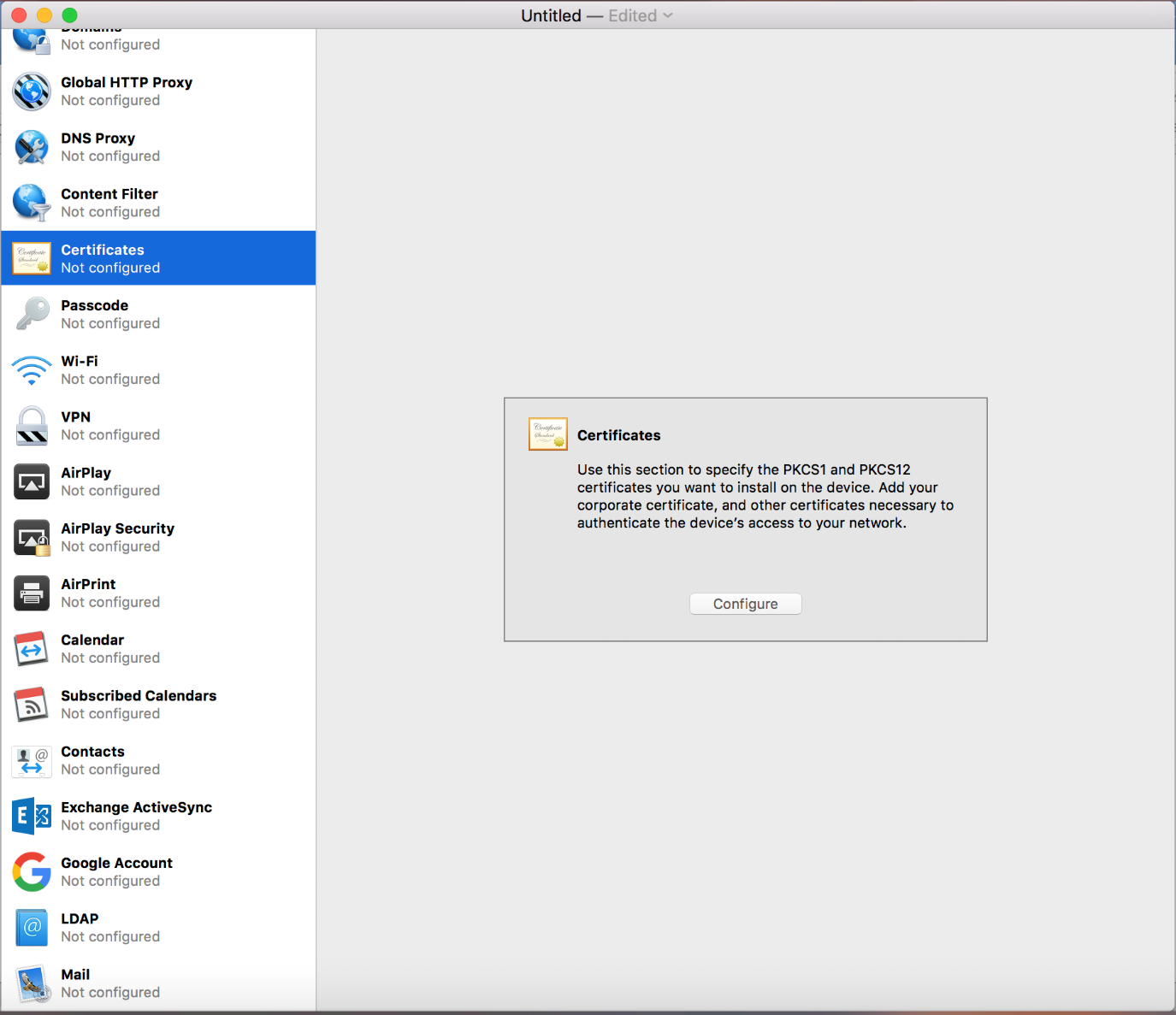 This figure shows the Certificate configuration page