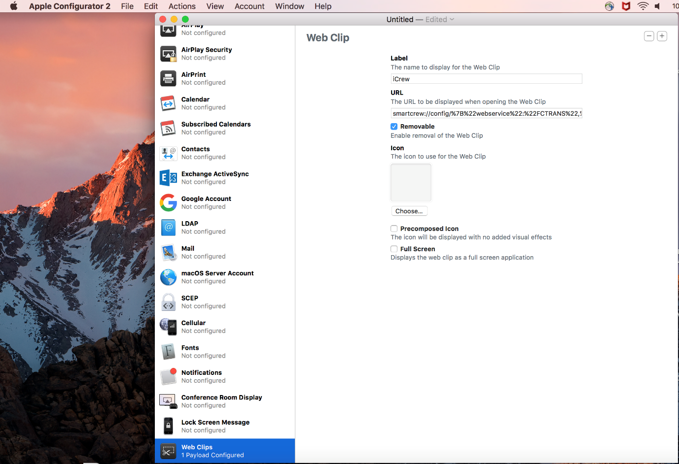 This figure shows the Web Clip set up page.