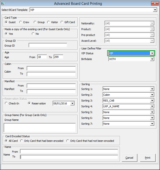 This figure shows the Advance Board Card Printing Window