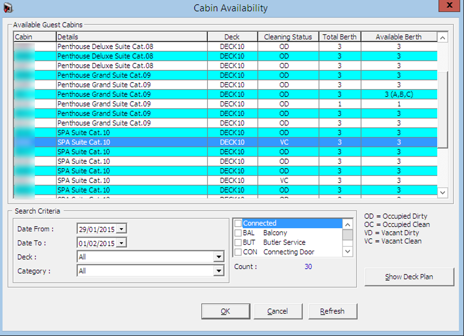 This figure shows the Cabin Availability Window