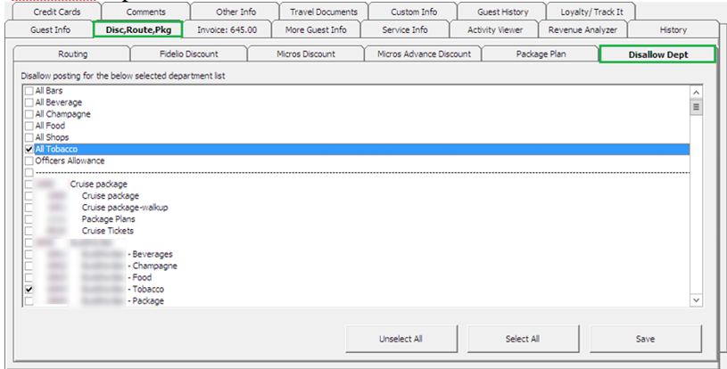 This figure shows the Disallow Department Tab