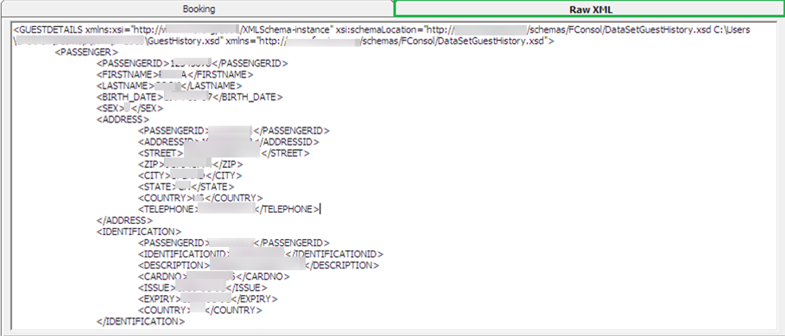 This figure shows the Guest History Raw XML Tab