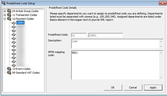 This figure shows the sample predefined payment codes.