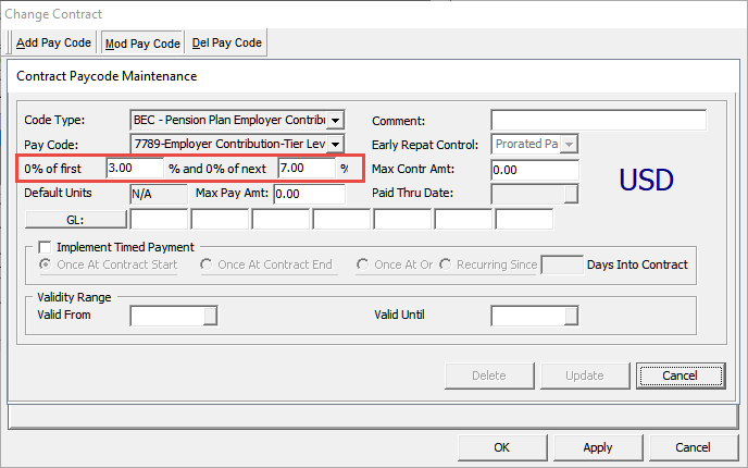The figure shows the Change Contract window where you can define a Tier Level for a Pension Plan.