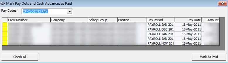 The figure shows the Mark Pay Outs and Cash Advance as Paid window. The figure shows the Mark Pay Outs and Cash Advance as Paid window.