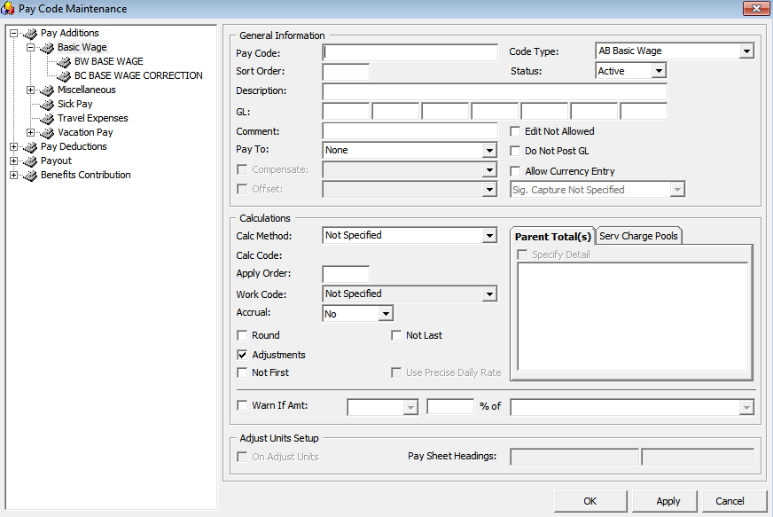 The figure shows the Pay code Maintenance window. The figure shows the Pay code Maintenance window.