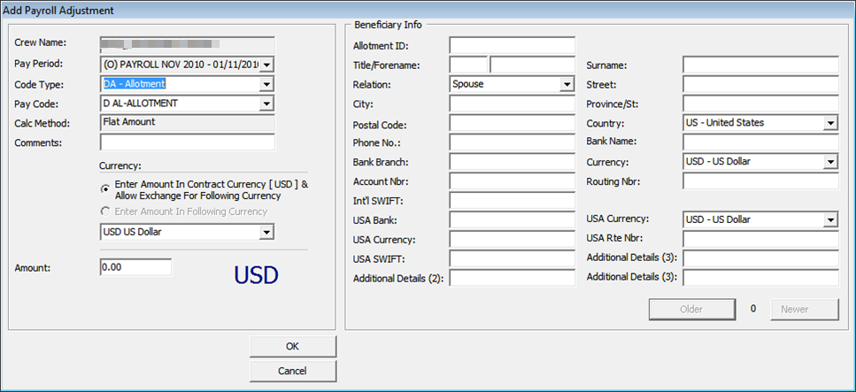 The figure shows the Payroll Adjustment window. The figure shows the Payroll Adjustment window.