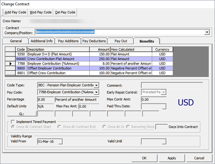 The figure shows the Change Contract window where you can define a Pension Plan with Flat Amount.