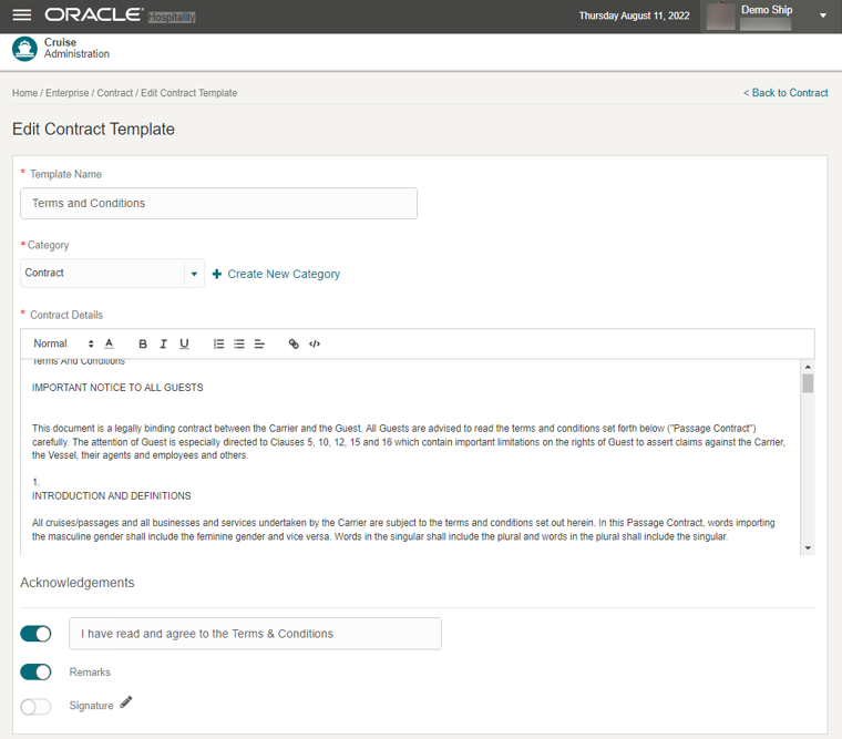 This figure shows the Contract Template Edit