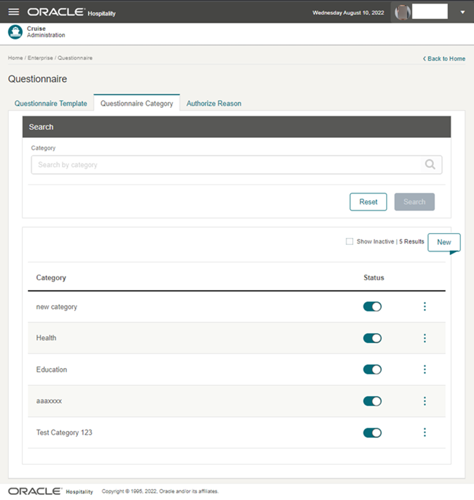 This figure shows the Questionnaire Category List