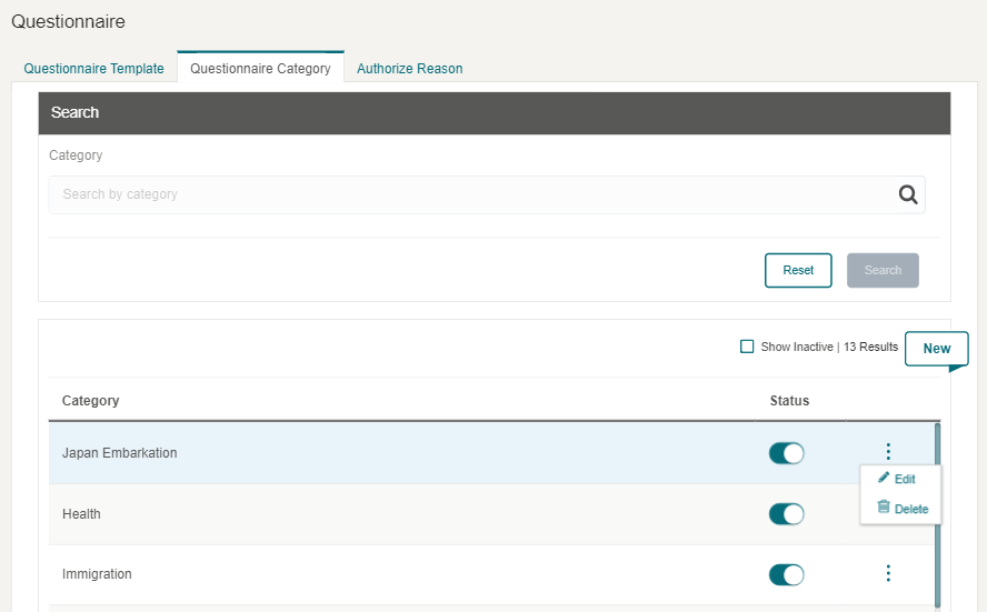 This figure shows the Questionnaire Category Options