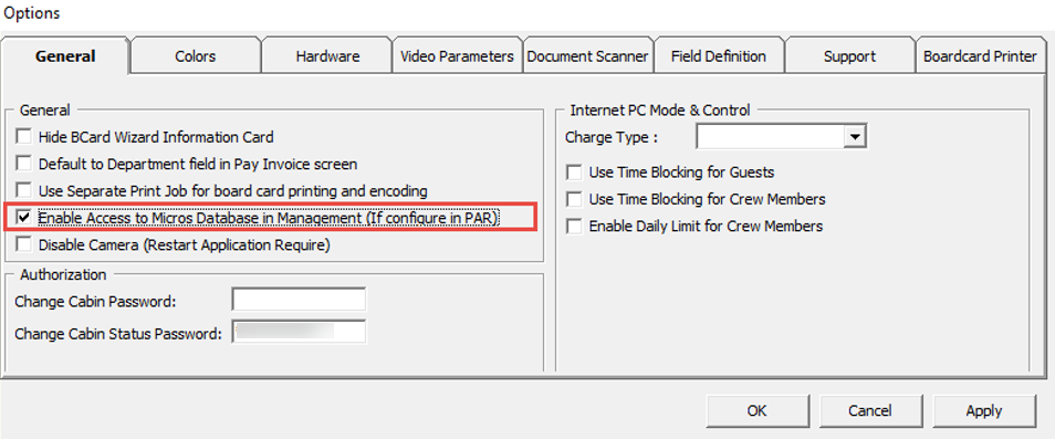 This figure shows the Management, Options Setup