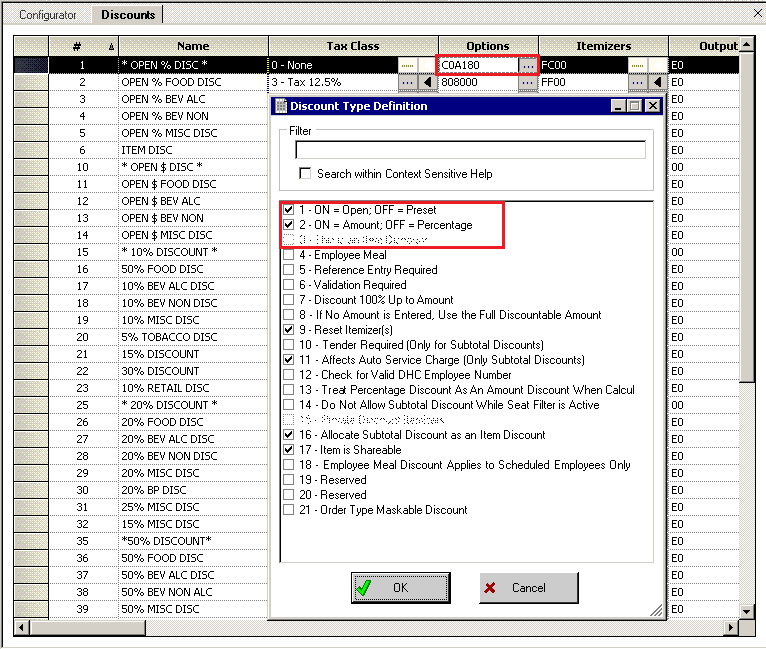 This figure shows the MICROS EMC Discount Record Setup This figure shows the MICROS EMC Discount Record Setup