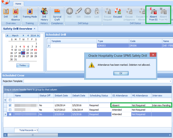 This figure shows the Absent From ES/MS function and status in Scheduled Crew