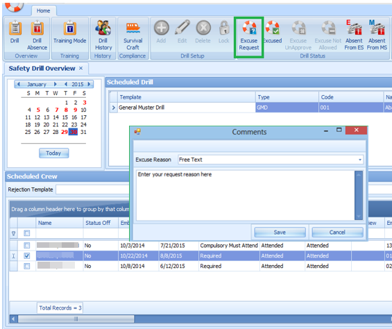 This figure shows the Excuse Request window.