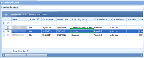 This figure shows the Excuse Request status in Schedule Crew grid.