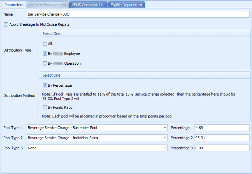 This figure shows the Parameters tab of Service Charge Calculation.