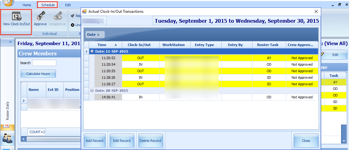 This figure shows the Actual Clock-In/Clock-Out Transactions where you can add, edit or delete a record. This figure shows the Actual Clock-In/Clock-Out Transactions where you can add, edit or delete a record.