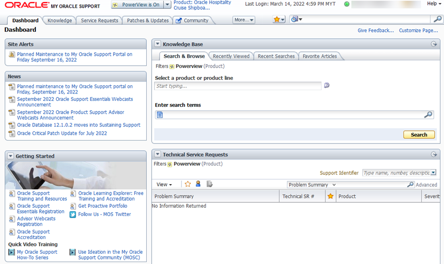 This figure shows the My Oracle Support Dashboard