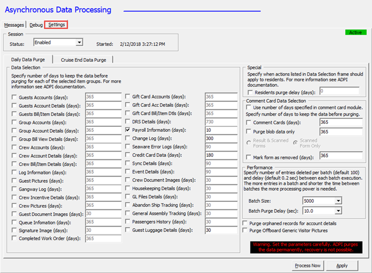 This figure shows the ADPI Daily Data Purge Settings