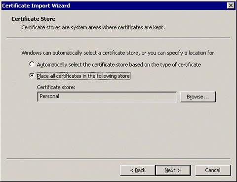 This figure shows the Certificate Import Wizard — Certificate Store This figure shows the Certificate Import Wizard — Certificate Store