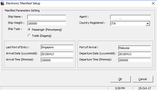 This figure shows the electronic manifest setup window for Malaysia Immigration module. This figure shows the electronic manifest setup window for Malaysia Immigration module.