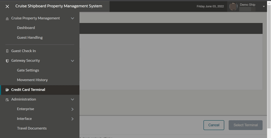 This figure shows the Credit Card Terminal Menu This figure shows the Credit Card Terminal Menu
