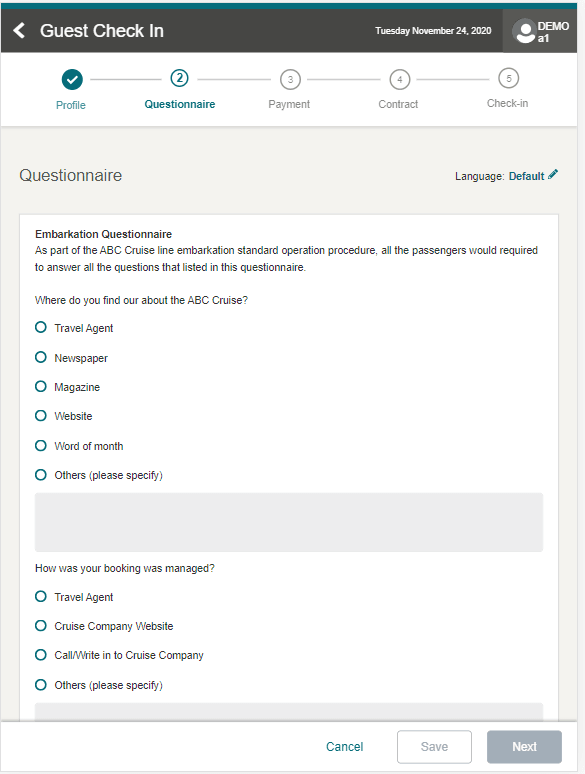 This figure shows the Questionnaire Page This figure shows the Questionnaire Page