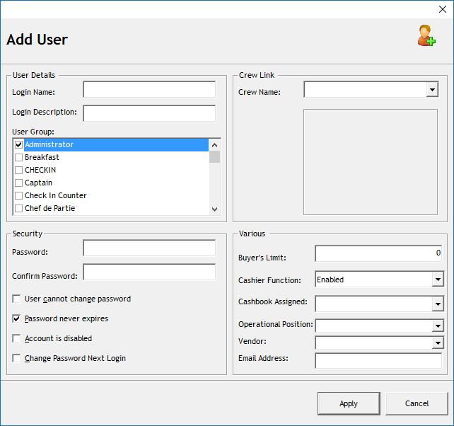 This figure shows the Add User window where user credential is created. This figure shows the Add User window where user credential is created.