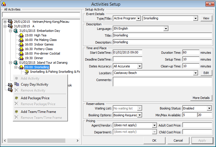 This figure shows the setup window for Activities.