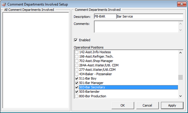 This figure shows the set up window for Comment Departments Involved.