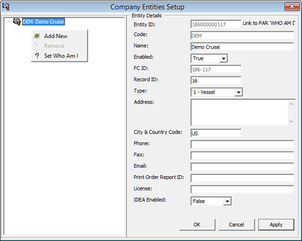 This figure shows the Company Entities Setup window. This figure shows the Company Entities Setup window.