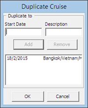 This figure shows the Duplicate Cruise window which allow you to add the date you are duplicating to. This figure shows the Duplicate Cruise window which allow you to add the date you are duplicating to.
