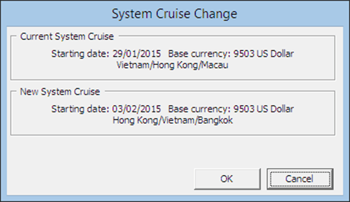 This figure shows the System Cruise Change window, from Current System Cruise to the New System Cruise This figure shows the System Cruise Change window, from Current System Cruise to the New System Cruise