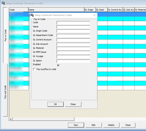 This figure shows the Cashbook Transaction Codes