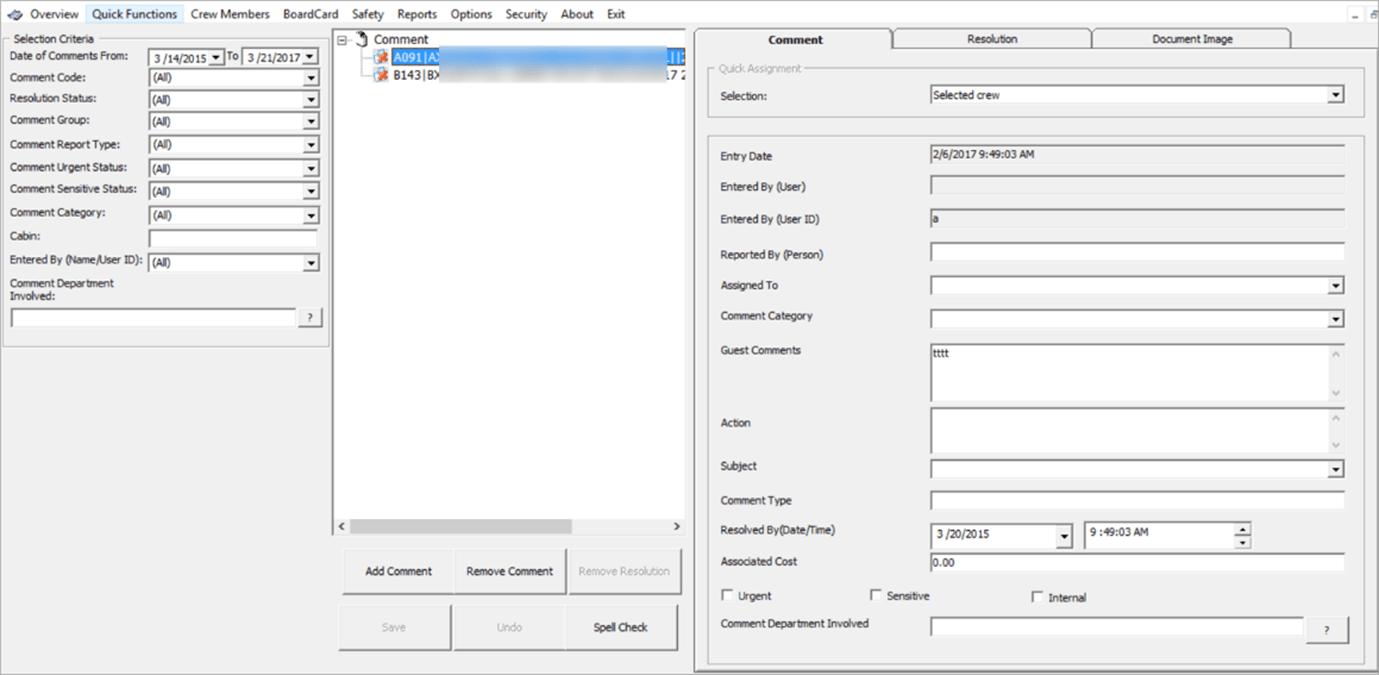 This figure shows the Comments Overview Window