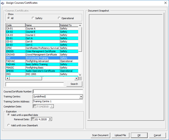This figure shows the Course/Certificate Assignment Window This figure shows the Course/Certificate Assignment Window