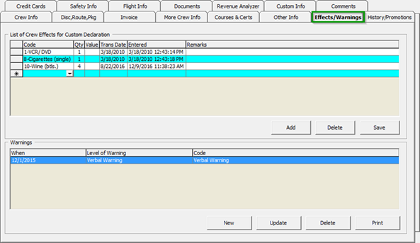 This figure shows the Effects/Warning Tab This figure shows the Effects/Warning Tab