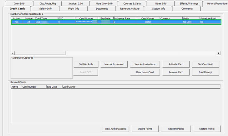 This figure shows the Crew Handling Credit Card Tab This figure shows the Crew Handling Credit Card Tab